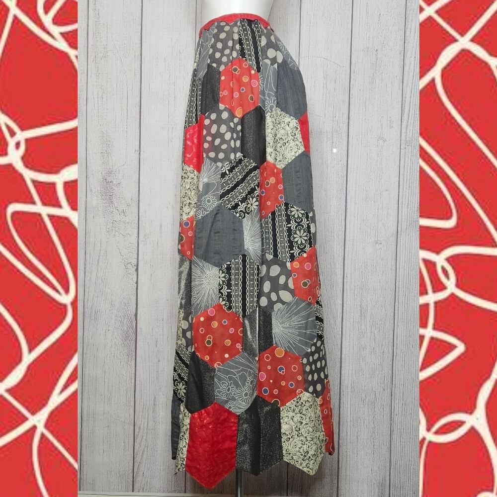 VTG Handmade Hexagon Shape Red/Gray/Silver/Black Patchwork Maxi Skirt, 26" waist